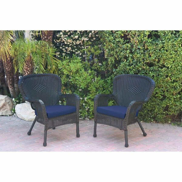 Jeco W00214-C-2-FS011 Windsor Black Resin Wicker Chair with Blue Cushion, 2PK W00214-C_2-FS011
